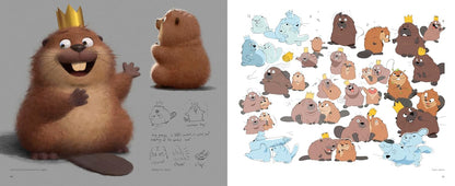 Cartoon beaver character with a crown and multiple variations of the character on a gray background.