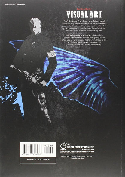 Back cover of a book or game package featuring a dark illustration of a character with a large blue wing-like shape behind them, plus white text including 'VISUAL ART' and publisher credits on a black background.