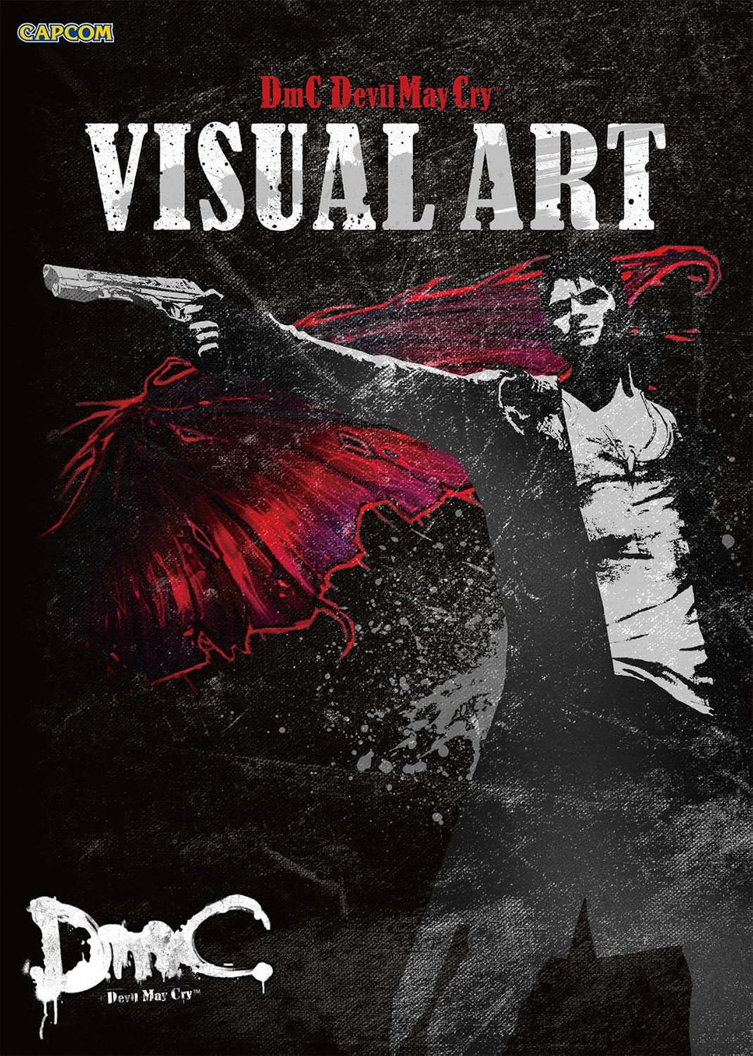 Front Cover for DmC: Devil May Cry visual art softcover art book, featuring a stylized black-and-white portrait of a woman with a flowing red cape against a dark textured background, with large white 'VISUAL ART' text and DmC branding.