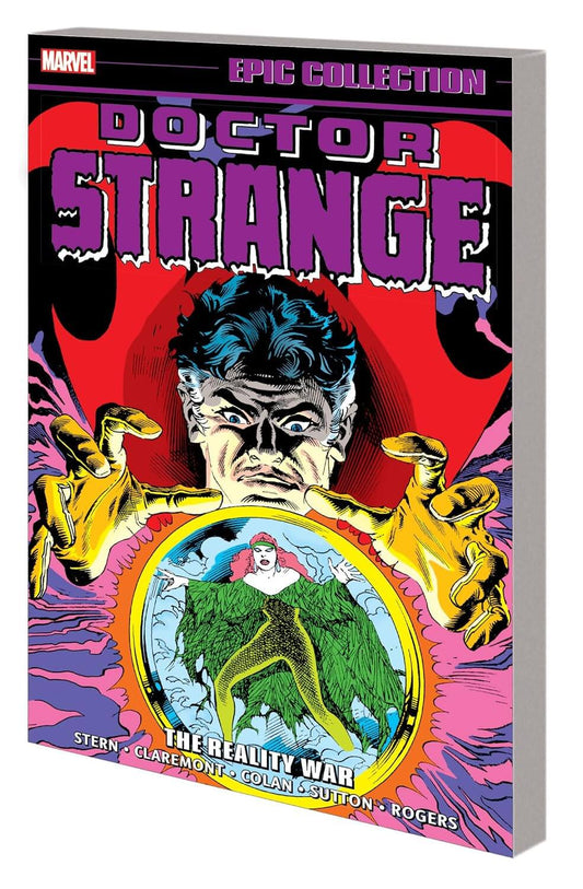 Marvel's Doctor Strange Epic Collection graphic novel, featuring a vibrant comic book cover with Doctor Strange's face, purple title text, and a circular portal illustration.