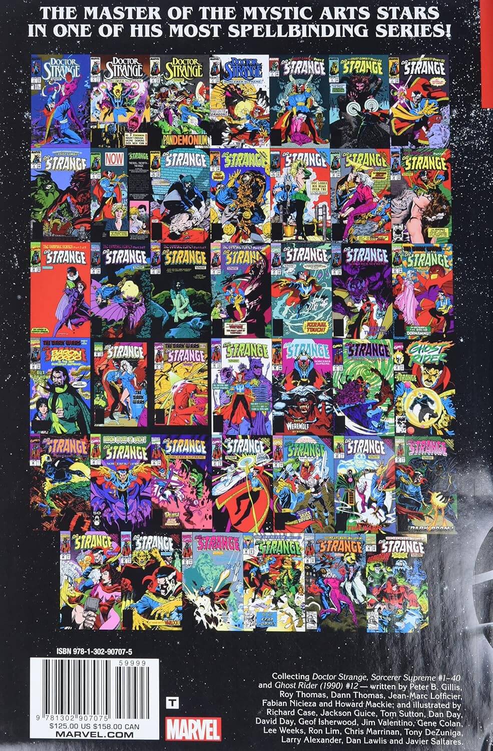 Back cover of a Marvel comic book or comic book collection, featuring a large grid of colorful Strange Tales comic covers on a black background, with promotional text at the top and a barcode at the bottom.