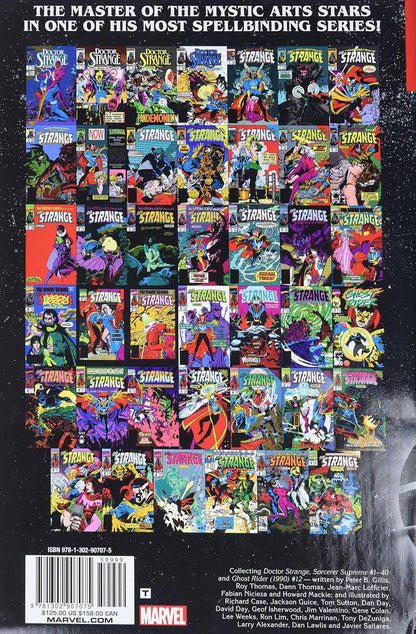 Back cover of a Marvel comic book or comic book collection, featuring a large grid of colorful Strange Tales comic covers on a black background, with promotional text at the top and a barcode at the bottom.