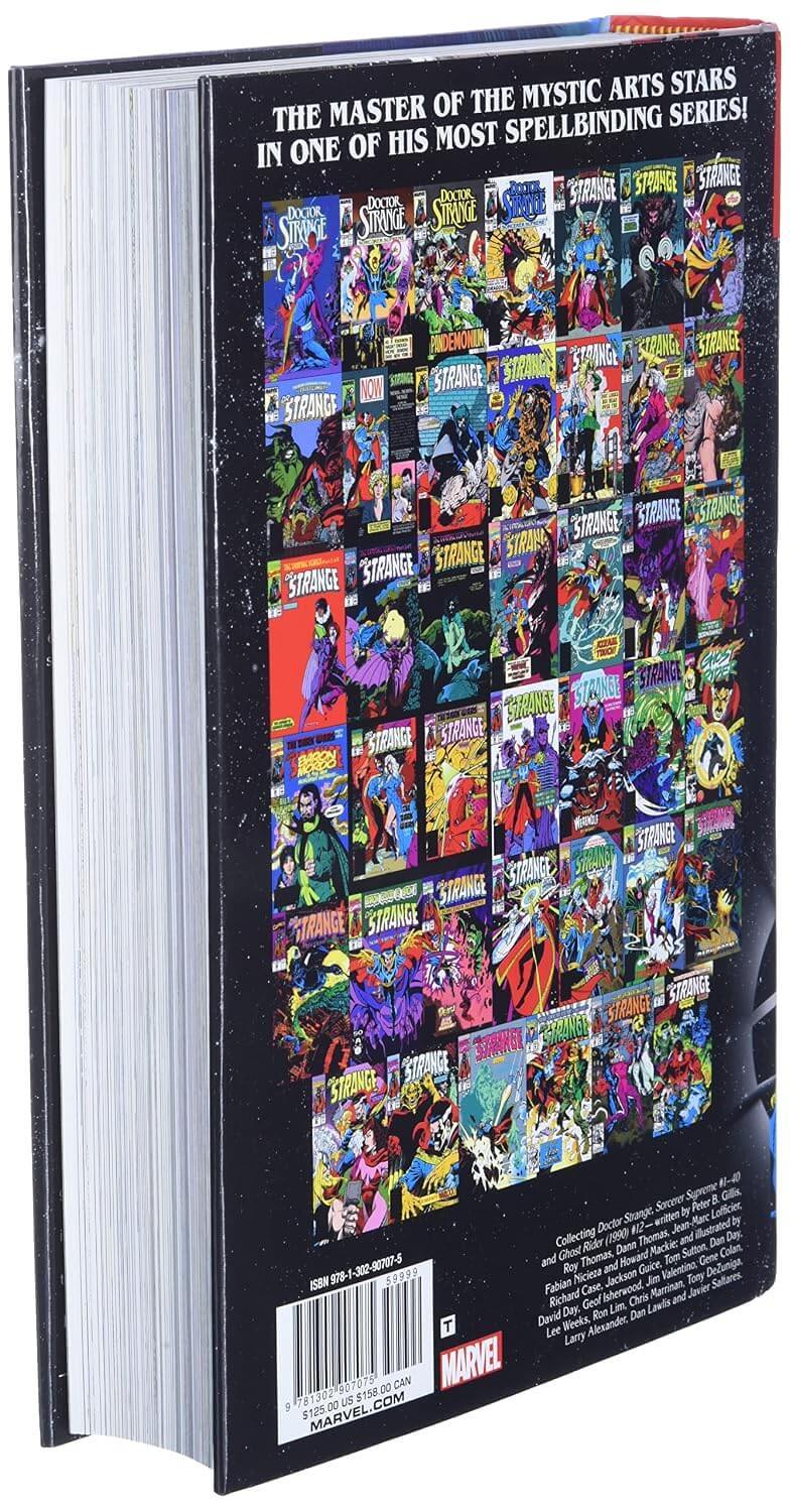The back cover of a Marvel comic book or comic book box, featuring a large grid collage of colorful comic book covers on a black background, with white promotional text at the top and a barcode at the bottom.