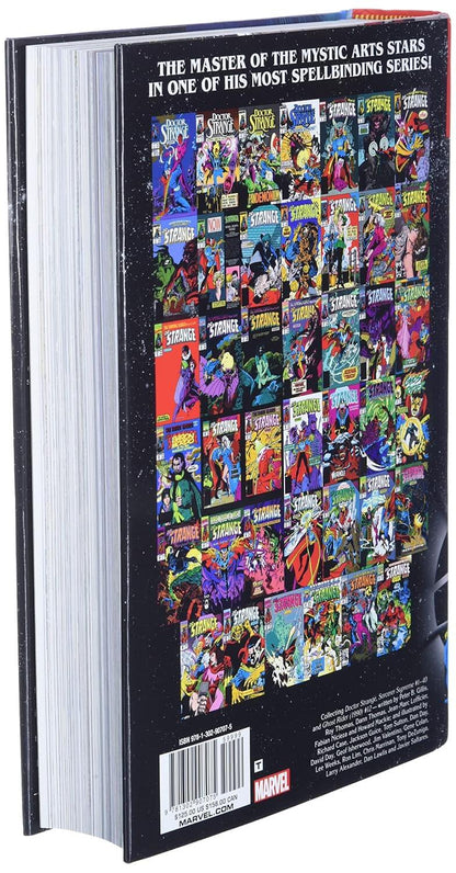 The back cover of a Marvel comic book or comic book box, featuring a large grid collage of colorful comic book covers on a black background, with white promotional text at the top and a barcode at the bottom.