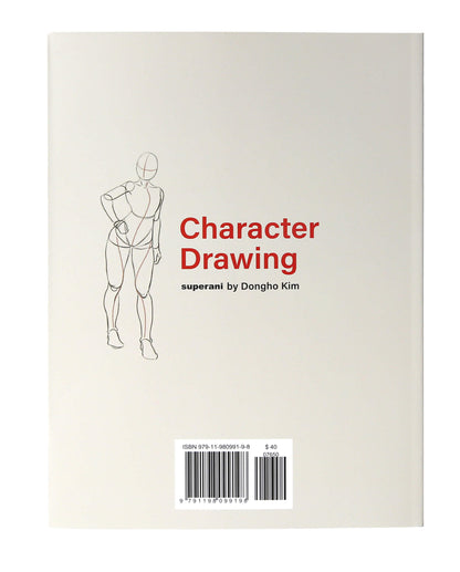 The back cover of a book titled 'Character Drawing' by Dongho Kim, featuring a minimalist black line drawing of a human figure on a warm off-white background with red and black text.