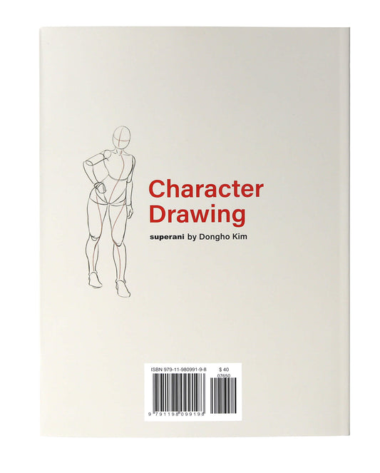 The back cover of a book titled 'Character Drawing' by Dongho Kim, featuring a minimalist black line drawing of a human figure on a warm off-white background with red and black text.