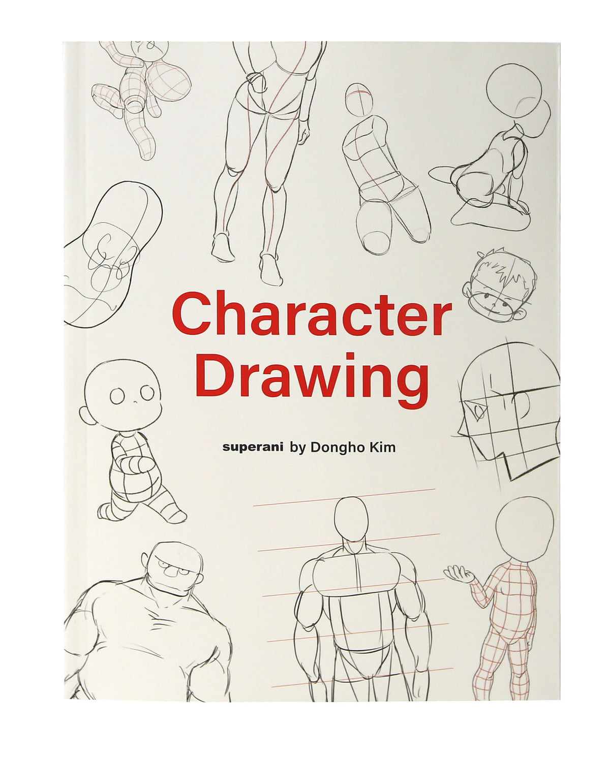 The front cover of the book 'Character Drawing' by Dongho Kim, featuring red title text and multiple black-and-red line art sketches of human figures on an off-white background.