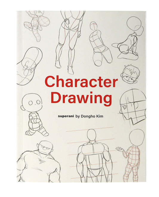 The front cover of the book 'Character Drawing' by Dongho Kim, featuring red title text and multiple black-and-red line art sketches of human figures on an off-white background.
