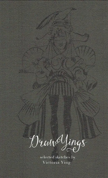 A square cover-style artwork featuring a monochrome line drawing of a stylized woman in flowing garments, with the title 'DrawYings' and smaller text 'selected sketches by Victoria Ying' on a dark textured gray background.