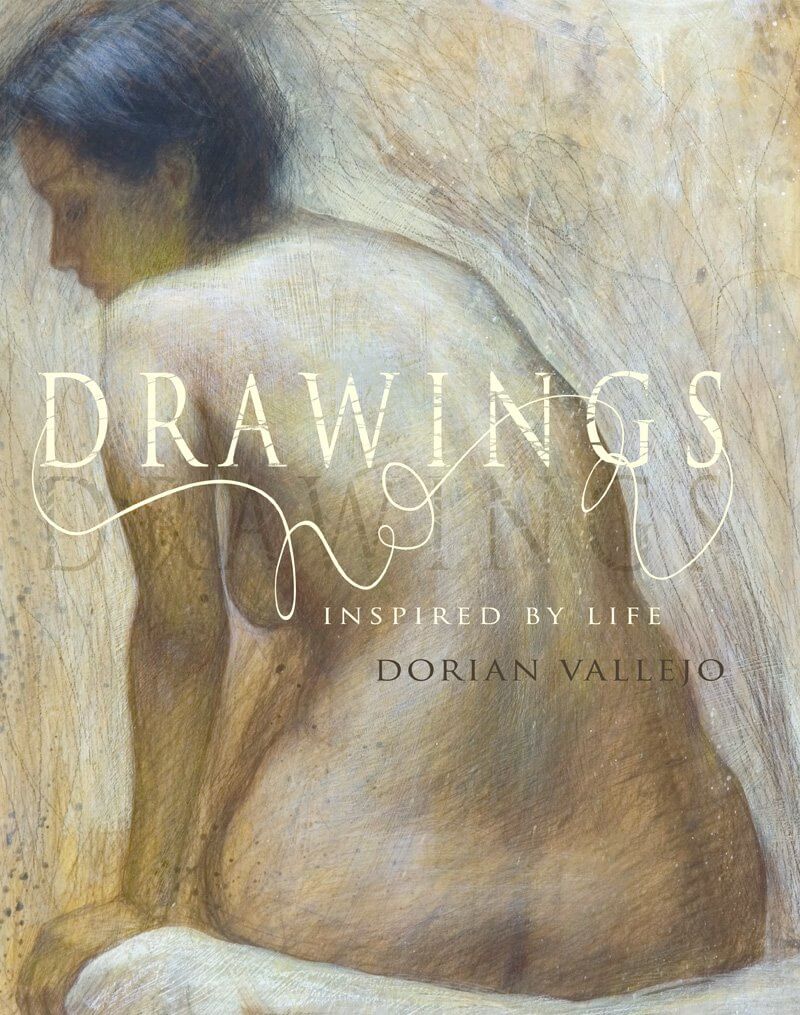 Book cover for 'Drawings: Inspired by Life' by Dorian Vallejo, featuring a soft-focus painting of a seated nude figure in warm beige, brown, and cream tones with white title lettering.