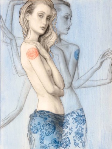 A stylized artwork showing two female figures against a pale blue background. The foreground figure has blonde hair, a peach-toned face and shoulder, a pink rose on her upper arm, and blue floral-patterned lower fabric.