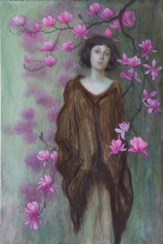 An Art Nouveau style painting of a woman with dark hair wearing a brown shawl, surrounded by pink magnolia blossoms against a textured green background.