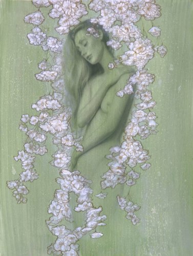 An impressionistic painting of a nude woman in profile, surrounded by cascading pale pink flowers against a textured light green background.