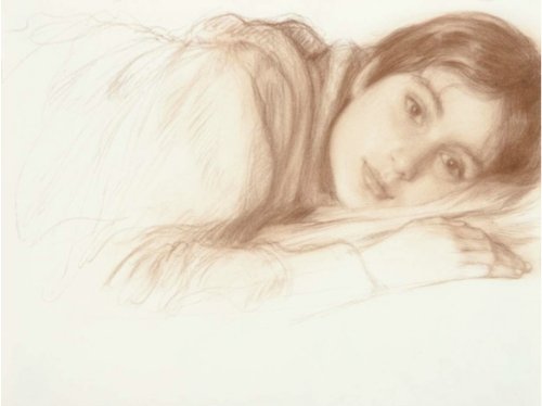 A sepia-toned pencil sketch of a reclining woman with long hair, rendered in warm brown and beige tones on a light background.