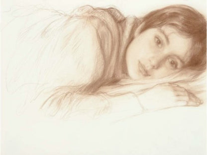 A sepia-toned pencil sketch of a reclining woman with long hair, rendered in warm brown and beige tones on a light background.