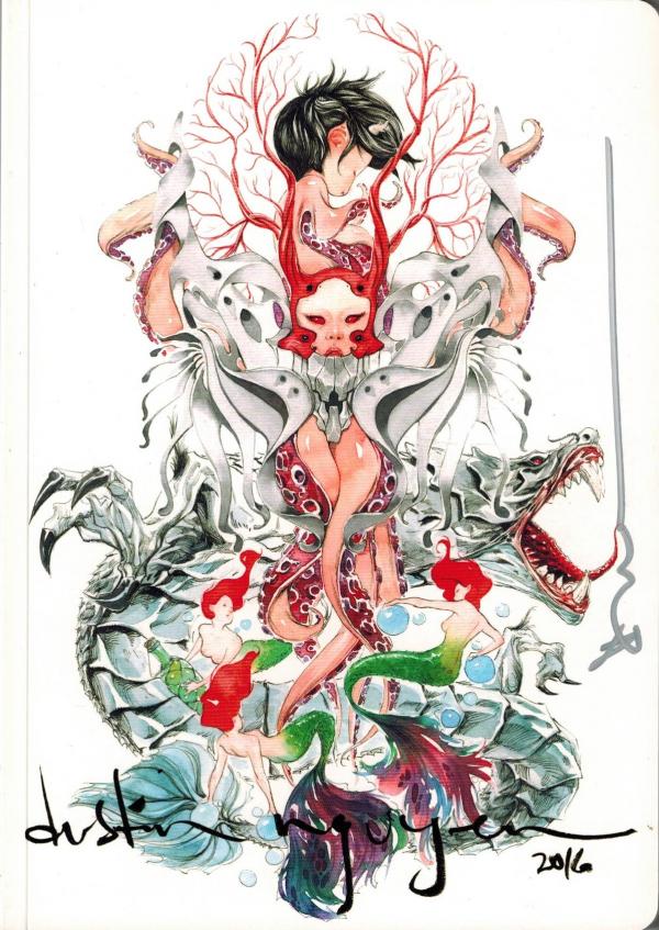 A signed limited edition sketchbook with watercolor illustrations by Dustin Nguyen, featuring a monochrome depiction of a character with a tree-like appearance on the cover.