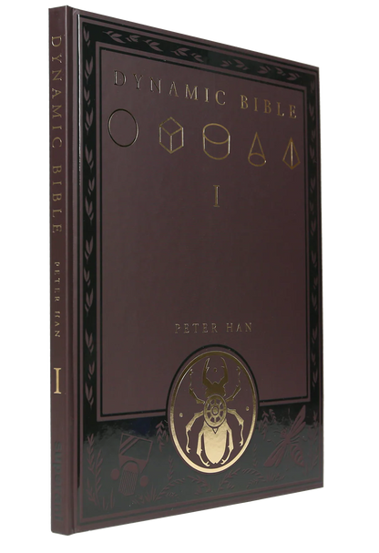 The Dynamic Bible Volume I (Mathematically Derived) by Peter Han, featuring a dark brown leather-like cover with gold foil geometric symbols and a beetle illustration.