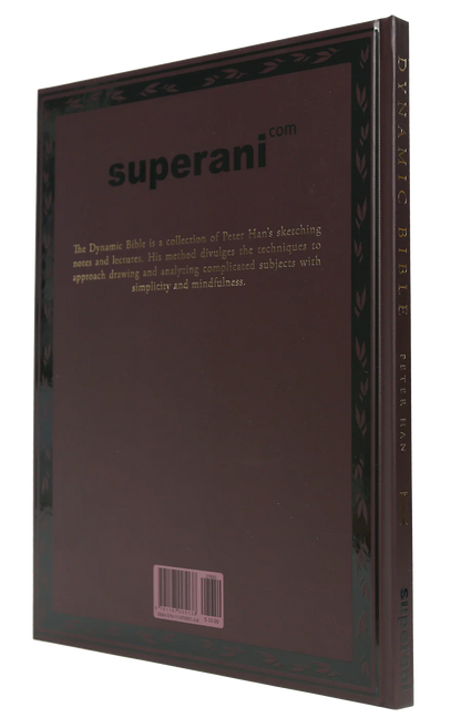 The back cover of a book titled 'superani.com' from the 'The Dynamic Bible' series, featuring a dark brown background with gold text and a decorative border.