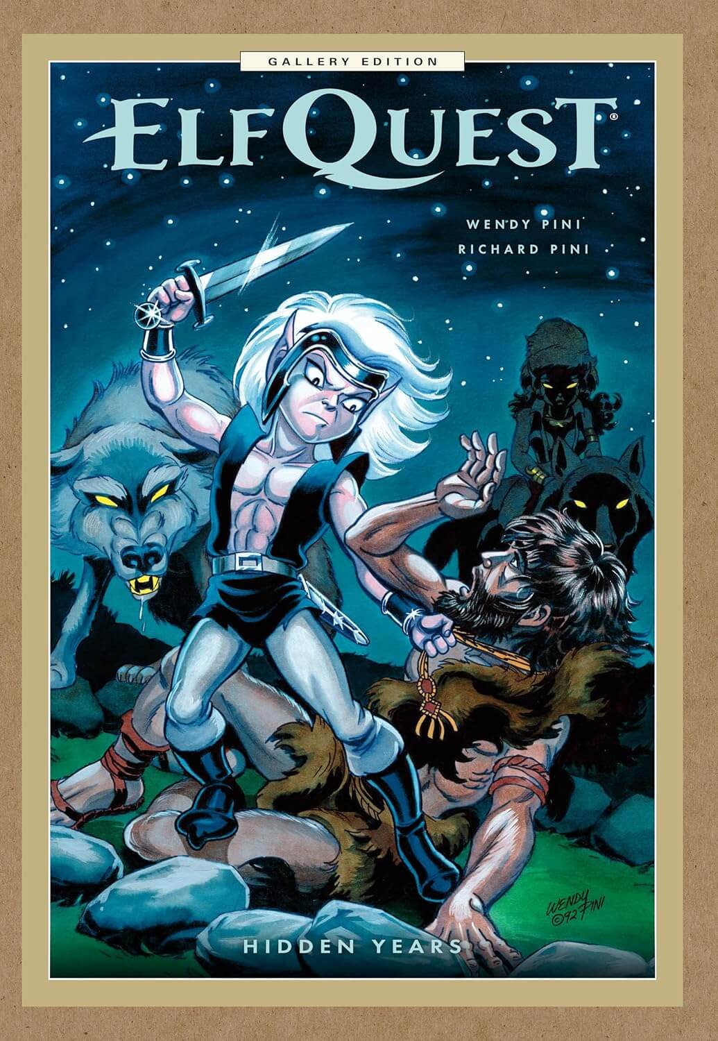 Cover of 'ElfQuest: Hidden Years' with characters and creatures on a starry night background.