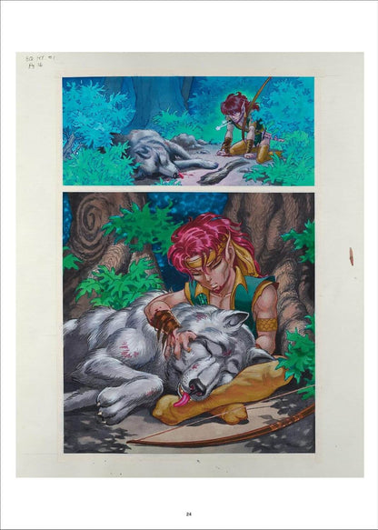 Illustration of a character with a wolf in a forest setting