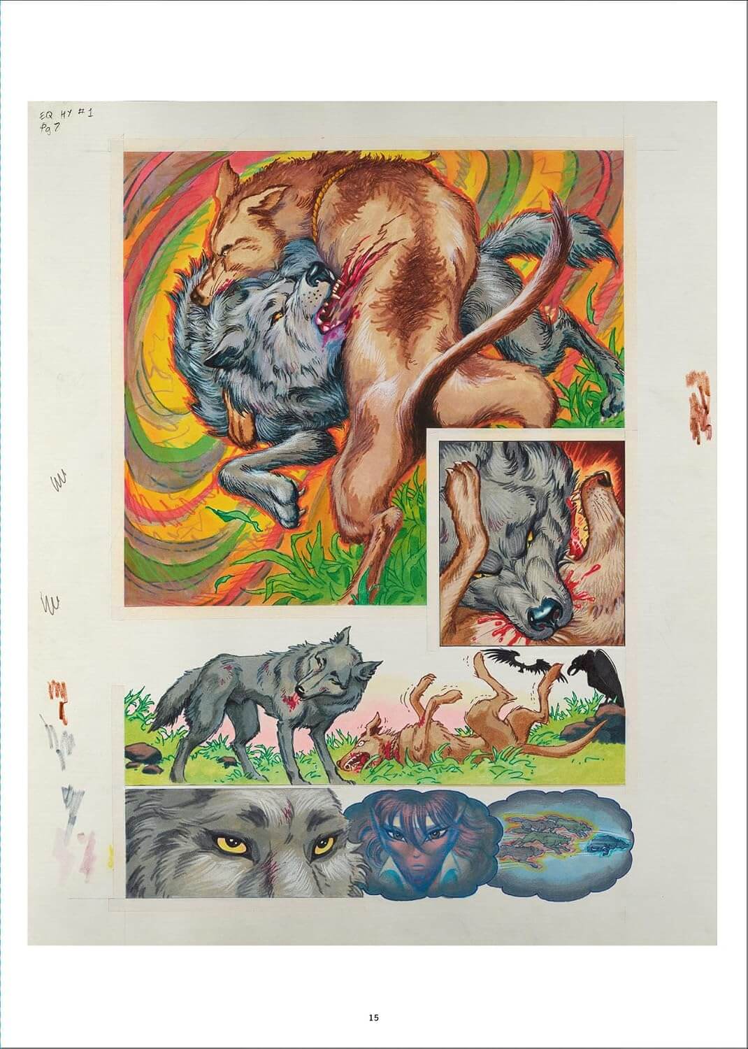 A sheet of artwork featuring multiple wolf-themed illustrations and painted scenes, including a large central wolf-and-dog battle composition, smaller inset wolf portraits, and a bottom row of wolf and cat imagery on a cream paper background.