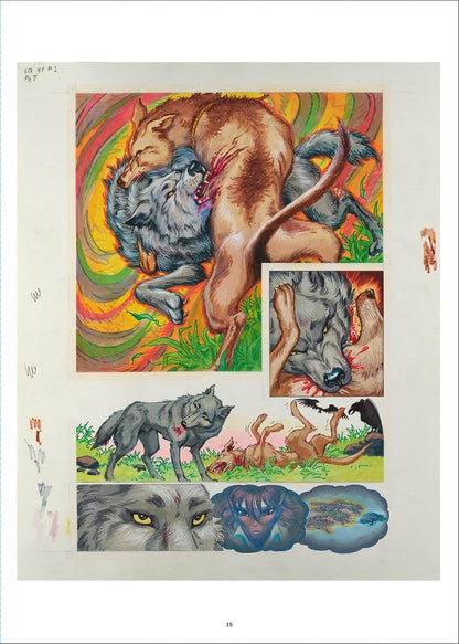 A sheet of artwork featuring multiple wolf-themed illustrations and painted scenes, including a large central wolf-and-dog battle composition, smaller inset wolf portraits, and a bottom row of wolf and cat imagery on a cream paper background.