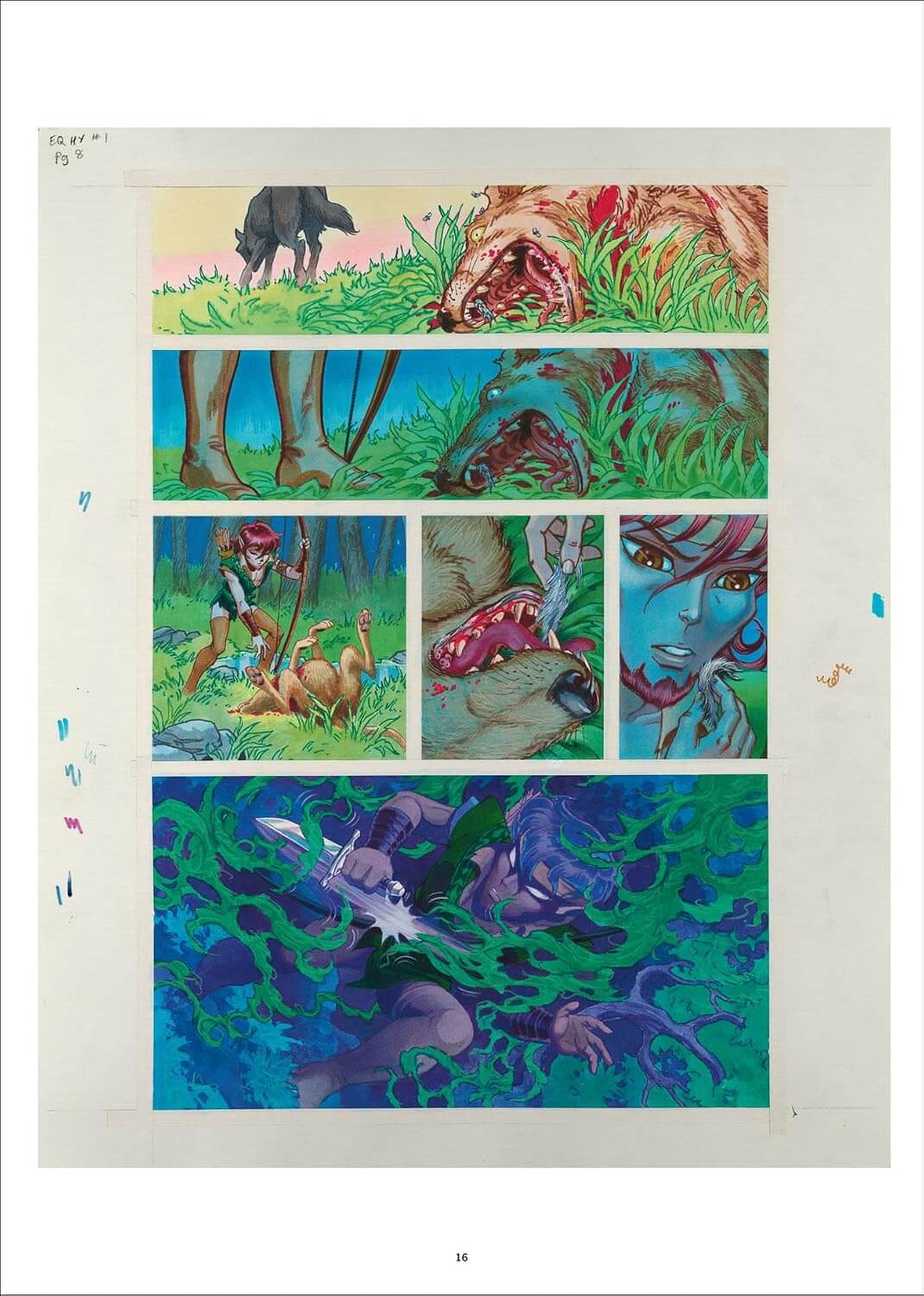 A printed comic-style art page with multiple illustrated panels showing fantasy creatures, a wolf, a woman in a forest, and a large blue-green monster scene, photographed against a white background.