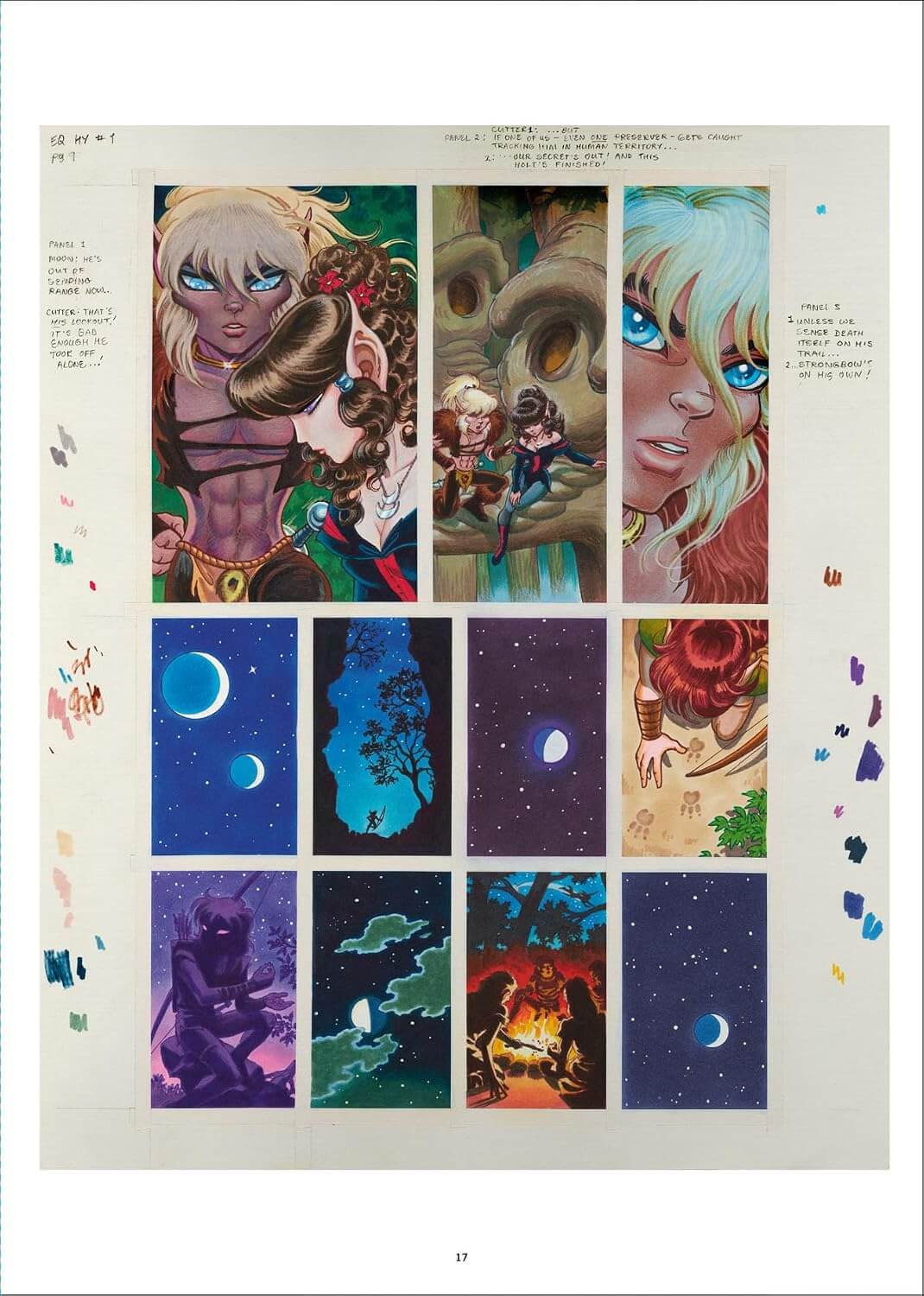 A printed art sheet or poster featuring multiple illustrated panels with fantasy characters, faces, moons, and cosmic scenes, arranged in a grid on a white page with handwritten notes around the edges.