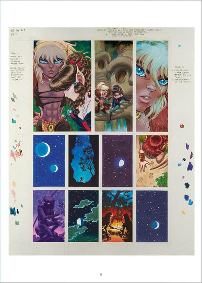 A printed art sheet or poster featuring multiple illustrated panels with fantasy characters, faces, moons, and cosmic scenes, arranged in a grid on a white page with handwritten notes around the edges.
