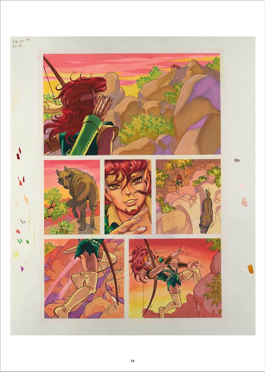 A printed art page or comic-style illustration sheet with multiple panels showing a red-haired female archer in a rocky outdoor landscape at sunset, plus a wolf and close-up face panels, photographed against a white background.