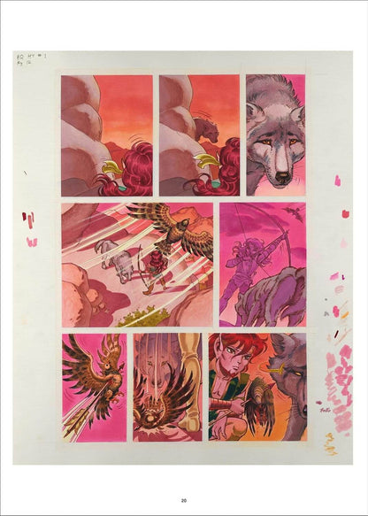 A vintage comic art print or original illustration page featuring a multi-panel comic layout with a wolf, a warrior, and a winged figure, rendered in pink, red, orange, and purple tones on a white paper background.