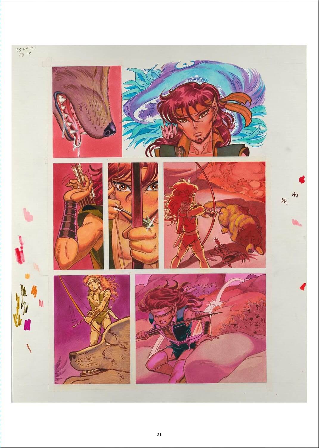 A printed comic-style art page with multiple illustrated panels showing a female warrior in action scenes, including a wolf, close-up face, bow, and combat poses, on a white page with small colored marks around the edges.