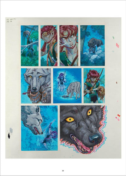 A sheet of artwork featuring multiple illustrated panels with fantasy wolf and human characters in blue-toned scenes, plus a large wolf portrait at the bottom right, photographed against a white background.