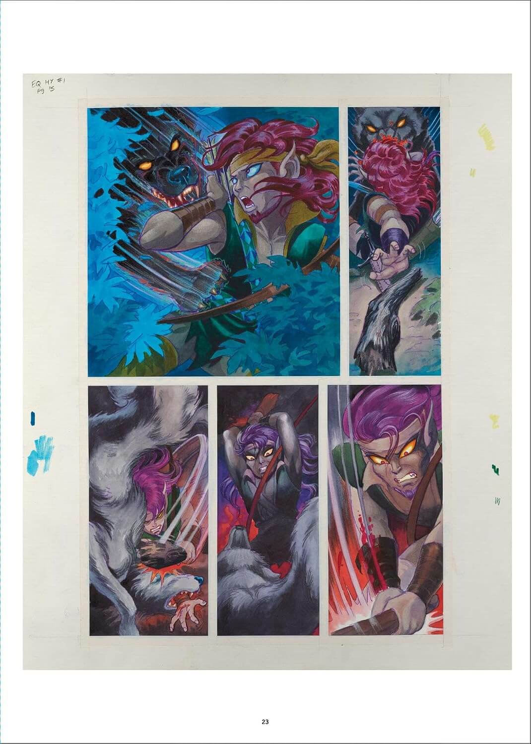 A printed page showing five illustrated comic-style panels with fantasy characters in blue, purple, red, and gray tones on a white page.
