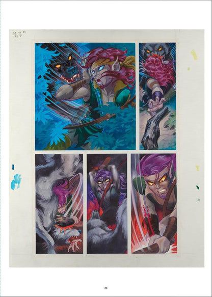 A printed page showing five illustrated comic-style panels with fantasy characters in blue, purple, red, and gray tones on a white page.