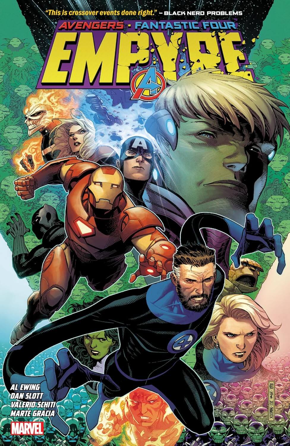 Comic book cover for empyre featuring superhero characters with vibrant colors and dynamic poses.