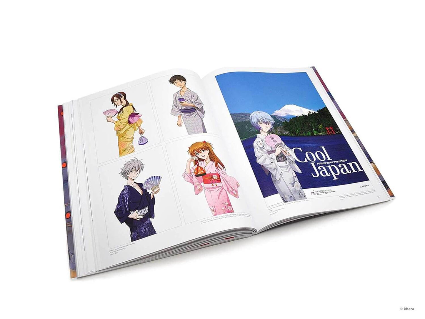 An open illustrated magazine or book spread on a white background, featuring anime-style characters in traditional Japanese clothing and a scenic Japan graphic with the text 'Cool Japan'.