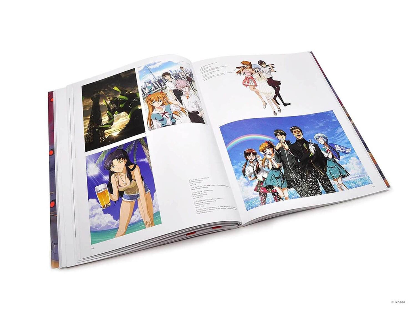 An open art book or magazine spread, photographed on a clean white background. The pages feature colorful anime-style illustrations and small blocks of text, with no person or real environment present.