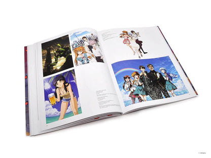 An open art book or magazine spread, photographed on a clean white background. The pages feature colorful anime-style illustrations and small blocks of text, with no person or real environment present.