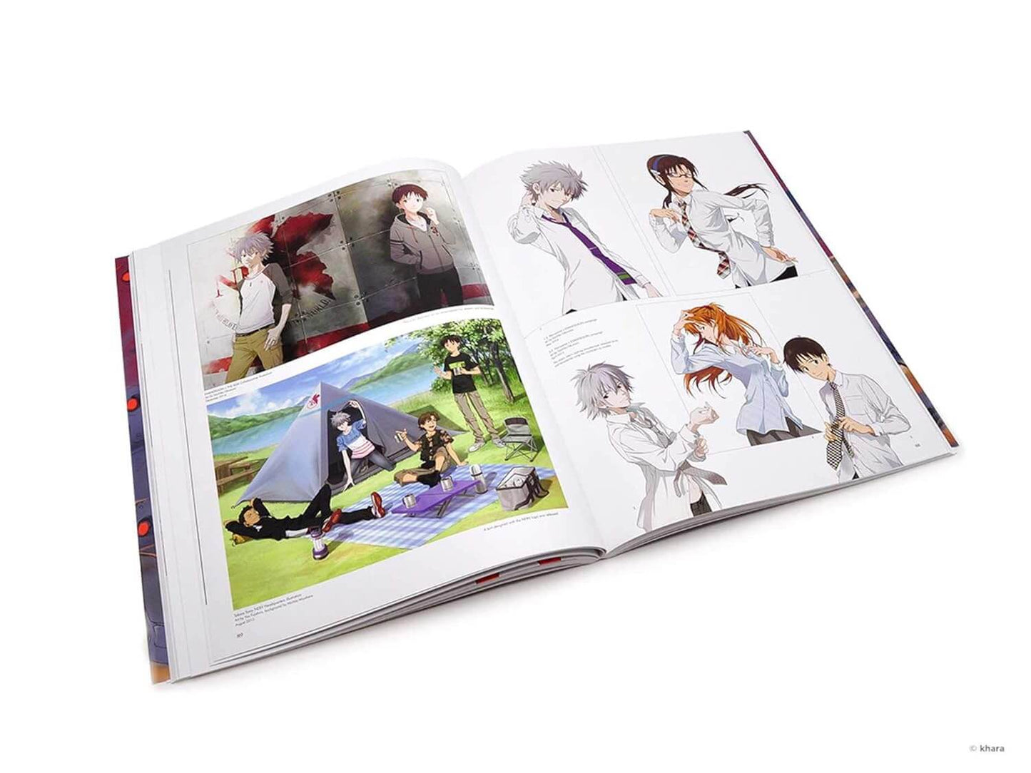 Open book displaying illustrations of animated characters in various poses and settings.