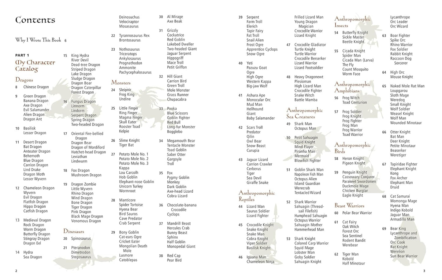 Table of contents for a book with character listings on a white background