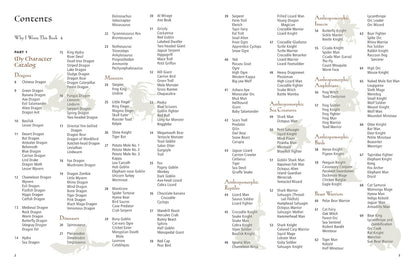 Table of contents for a book with character listings on a white background