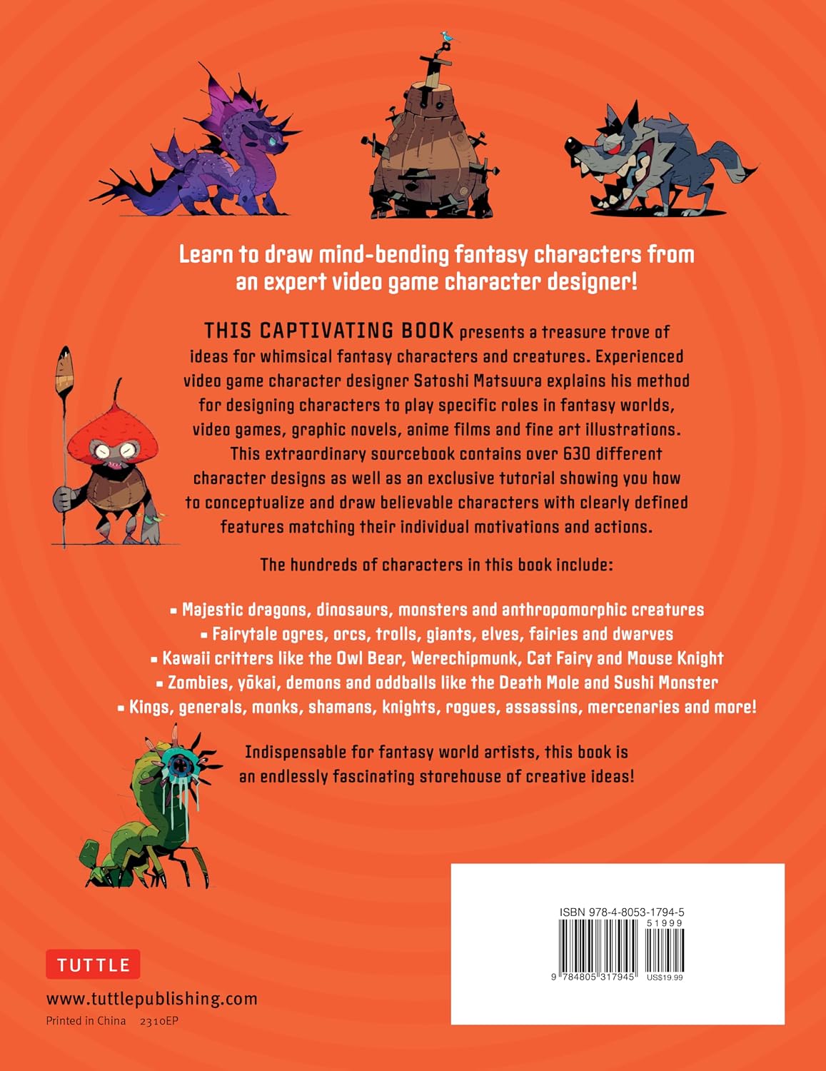 Back cover of a book on drawing fantasy characters with illustrations and text.