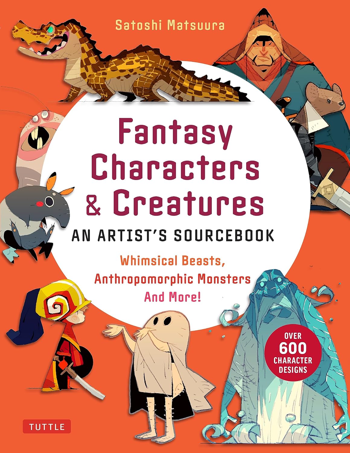Book cover of 'Fantasy Characters & Creatures' with illustrations of various characters and creatures on an orange background.