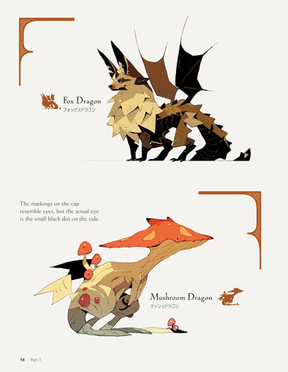 Illustrations of a Fox Dragon and a Mushroom Dragon on a white background