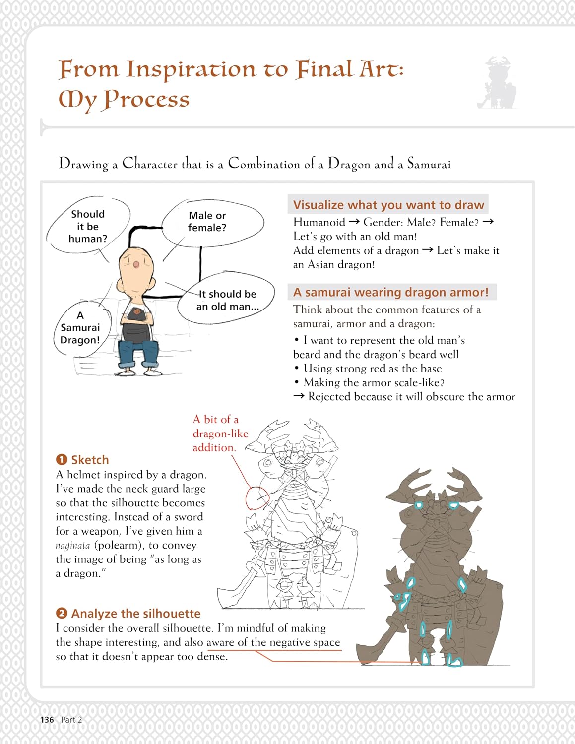 Illustration of a character design process combining a dragon and a samurai, with text explaining the steps.
