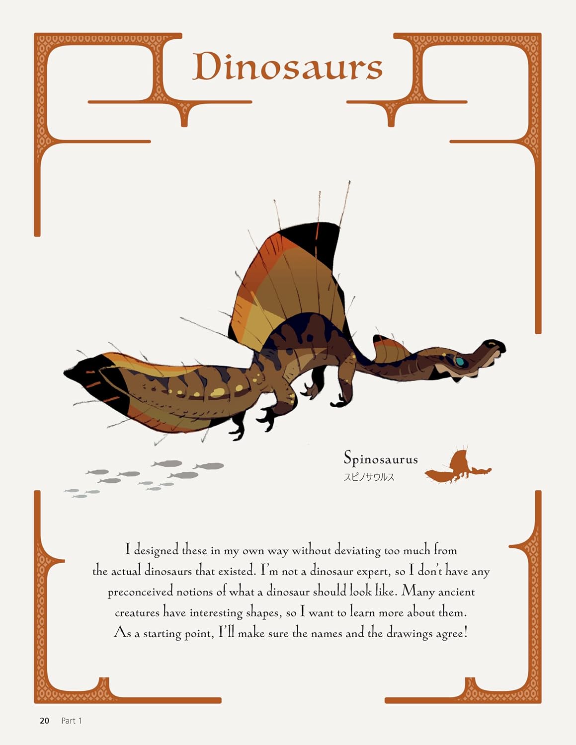 Illustration of a Spinosaurus with decorative text and border
