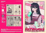 Illustration of a girl with a drink and stationery items on a pink and beige background, with text 'Artworks 40 Creator's Collection' on a pink sidebar.