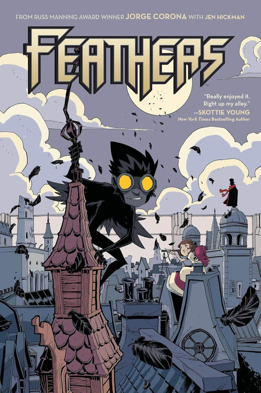 Cover of the graphic novel 'Feathers' depicting a stylized illustration of a character with black feathers and a cityscape background.