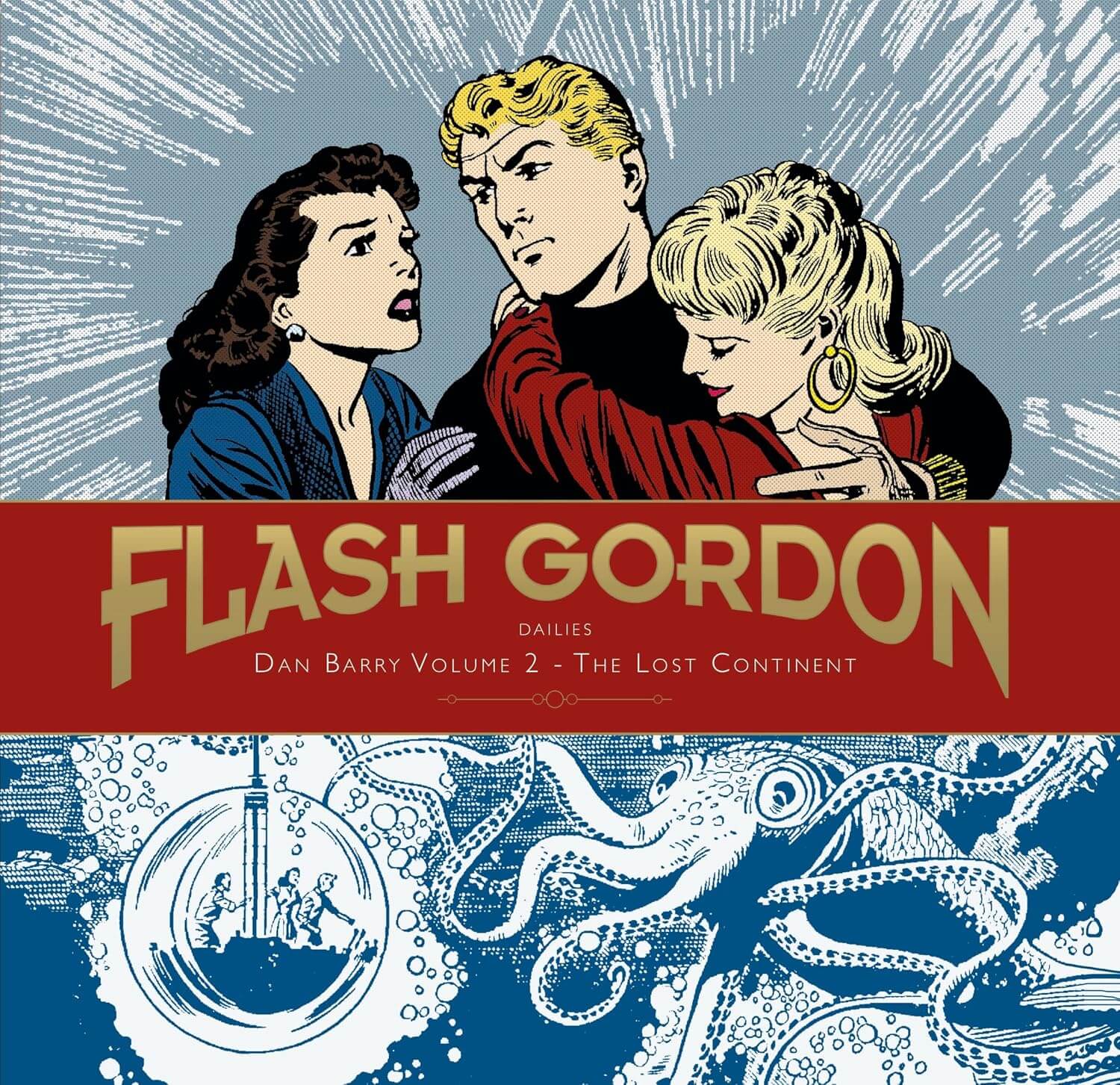 Cover of 'Flash Gordon Dailies HC Vol 02: The Lost Continent' featuring illustrated characters Flash Gordon and Princess Aura with a background of a stormy sea and a lost continent.
